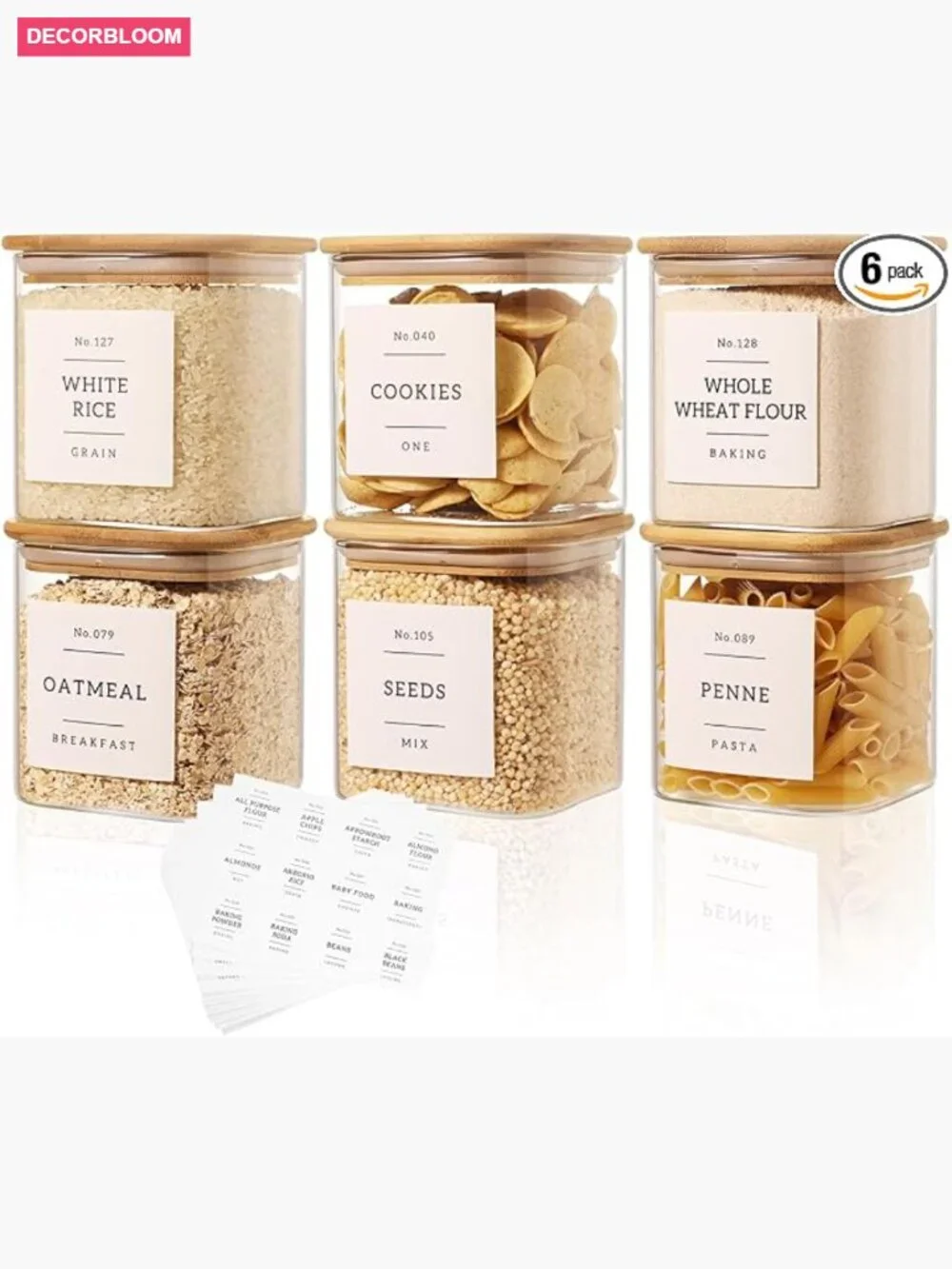 6-Pack Square Glass Pantry Storage Jars with Bamboo Lids & Labels